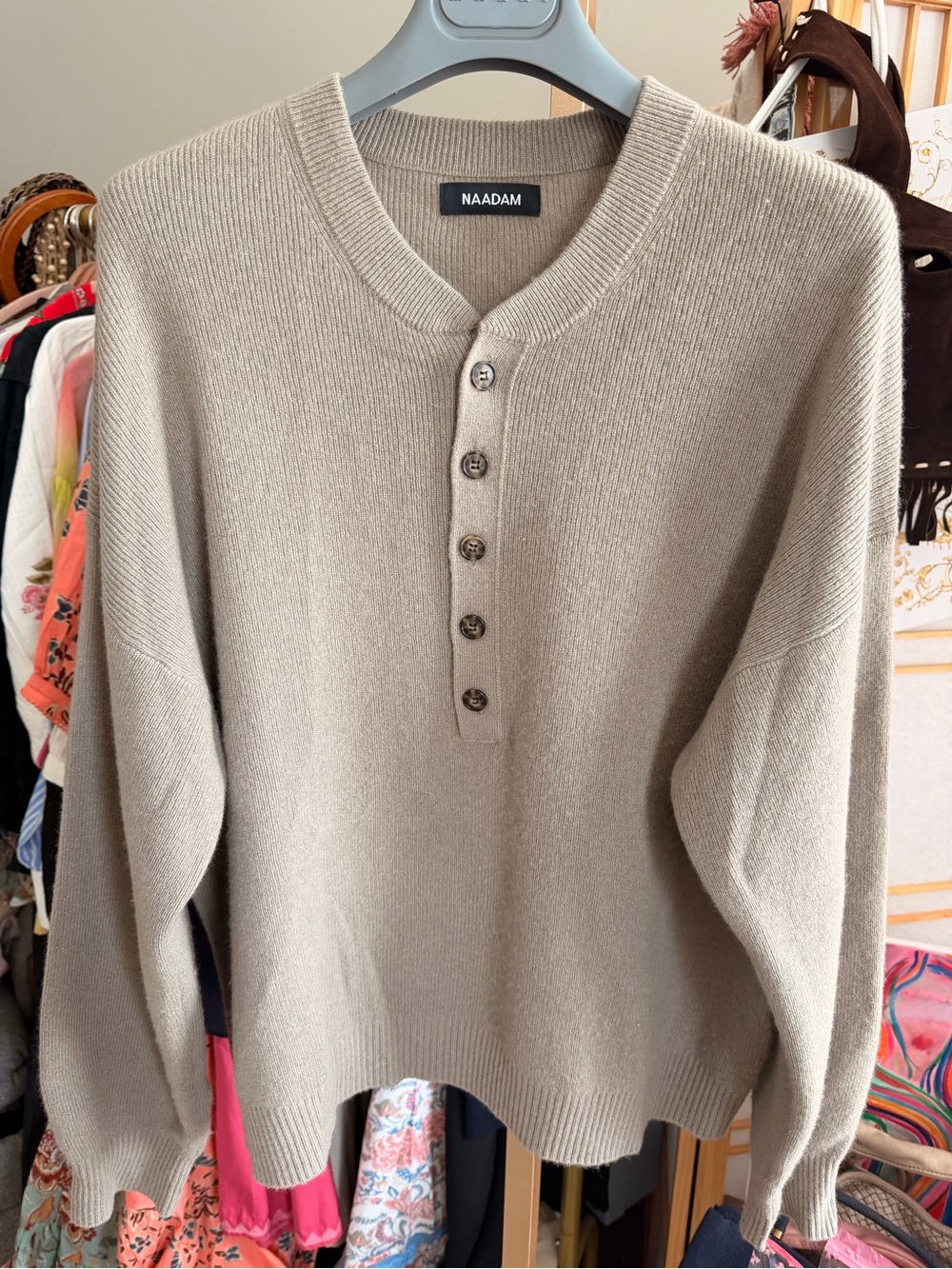 NAADAM 100% Cashmere Henley Sweater Taupe Oversized Size L
